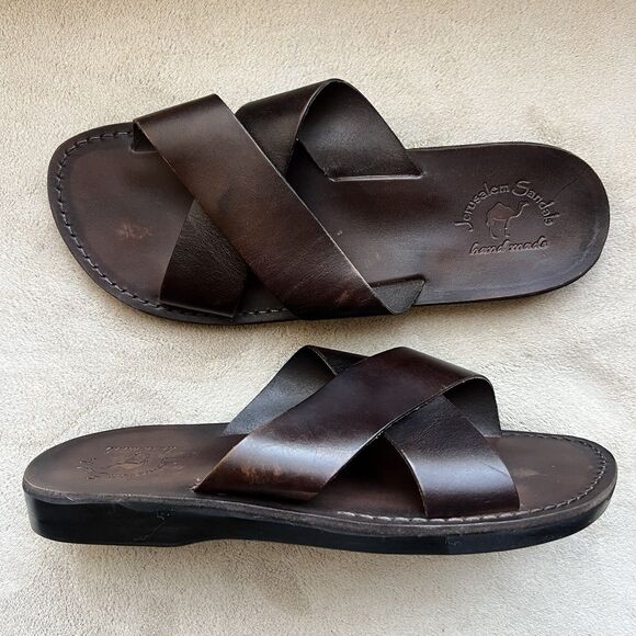 Jerusalem Elan Dark Brown Stiff Leather Slide Sandal Men EU 47 US 13.5-14 - Picture 1 of 14